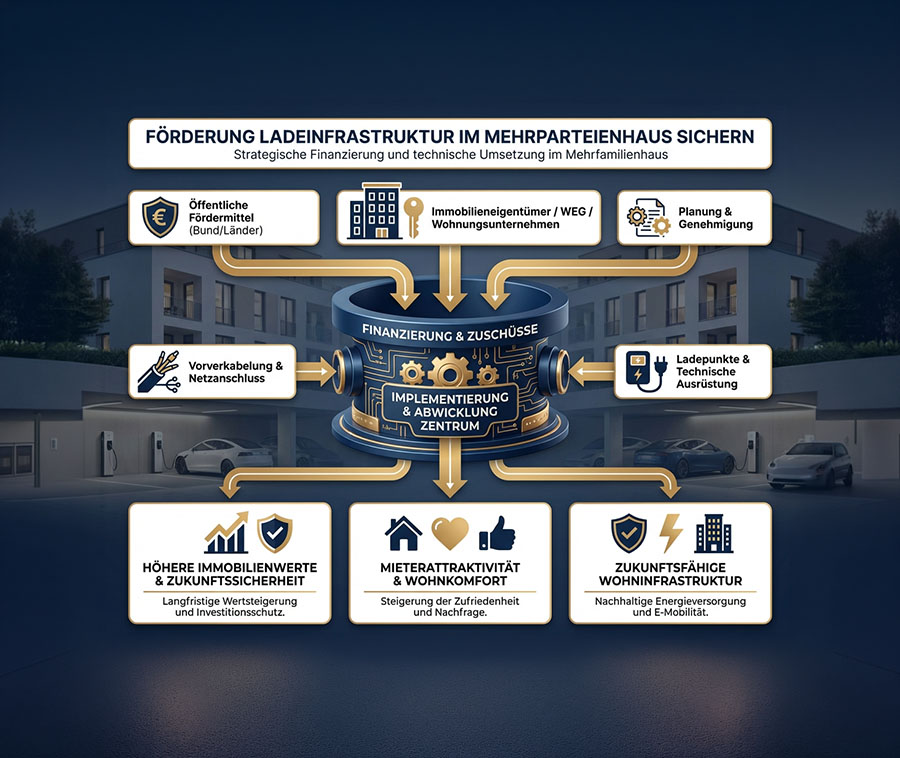 Zentralisiertes Diagramm im BUSE Corporate Design (Dunkelblau/Gold) zur Förderlogik von Lademobilität bei Wohnungseigentümergemeinschaften (WEG). Die Infografik zeigt einen strukturierten Prozess-Flow: Öffentliches Kapital fließt in eine zentrale Umsetzungsinstanz, die technische Bausteine wie Netzanschluss und technische Ausrüstung in messbare Immobilien-Mehrwerte transformiert.